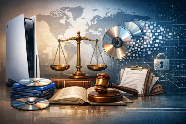 PS5 controller and game disc with legal document symbols representing the antitrust lawsuits Sony faces over its digital-only transition.