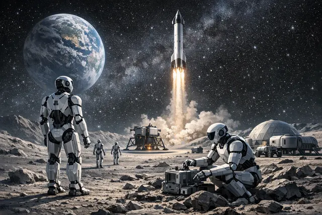 Abstract artistic illustration of humanoid robots on the lunar surface, with Earth in the background, symbolizing Elon Musk's plan for robot-built factories on the Moon