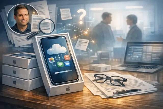 AI-generated conceptual image of an iPhone with a cloud and gear icon, symbolizing Apple's scrapped white-glove data preloading feature