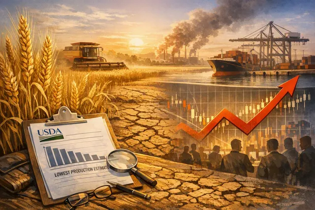 A conceptual image representing U.S. wheat futures and global grain supply disruptions in August 2026, showing wheat fields, a map of the Black Sea, and financial chart elements.