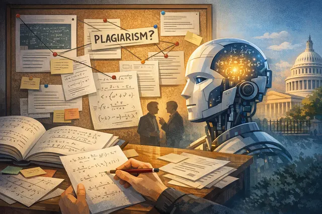 An abstract, AI-generated editorial illustration of a glowing mathematical proof emerging from a futuristic circuit board pattern, with a human figure examining the equations.