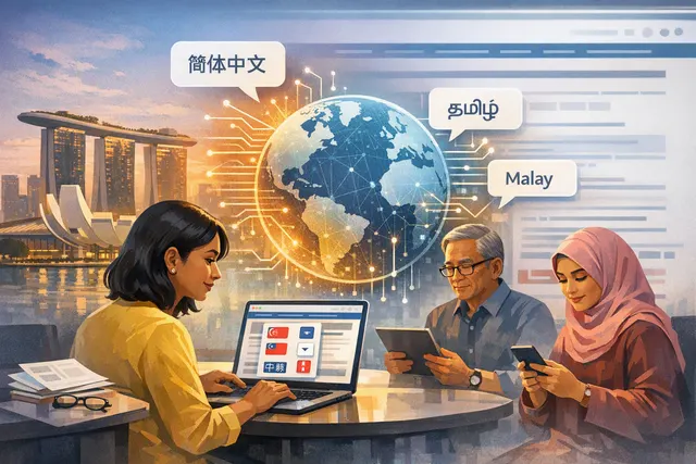 新加坡政府网站 Polyglot AI 翻译工具的概念插图,展示英语、中文、马来文和淡米尔文之间的多语言转换