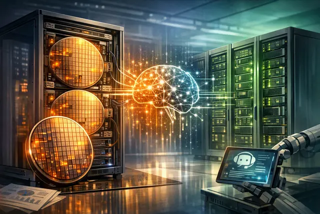 Editorial illustration of Cerebras CS-4 wafer-scale AI accelerators competing with Nvidia GPU servers