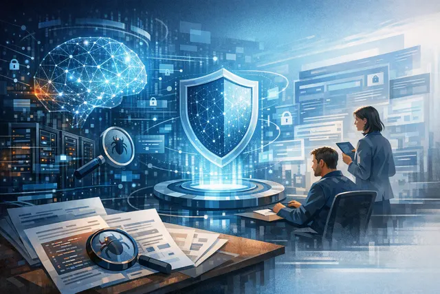 Abstract AI cybersecurity illustration representing Claude Mythos 5 scanning enterprise software for vulnerabilities
