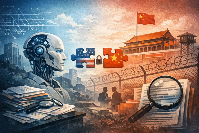 AI-generated abstract illustration of a broken connection between two tech entities, representing the unwinding of Meta's Manus acquisition