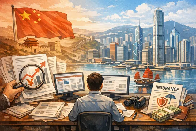 A conceptual image representing the 20% Chinese tax on Hong Kong offshore insurance policies, with a Hong Kong skyline, financial charts, and a tax document overlay, symbolizing th