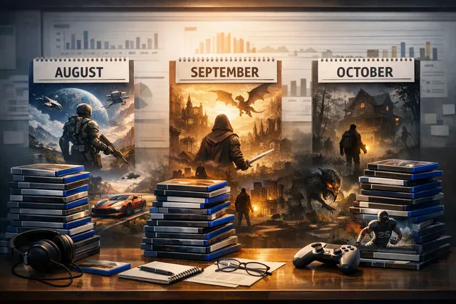 A chaotic collage of game release logos and calendar dates from August to October 2026, with a GTA VI shadow looming over November