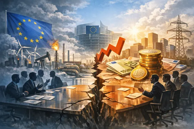 Illustration showing the EU flag split by a crack, representing the deep fiscal discipline rift at the 2026 Eurogroup meeting over the energy escape clause.