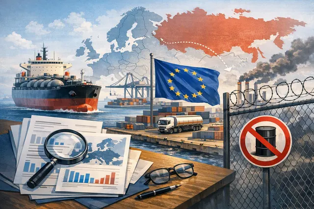 Oil tanker and refinery silhouettes illustrating the flow of Russian crude oil through third-country refineries into EU ports