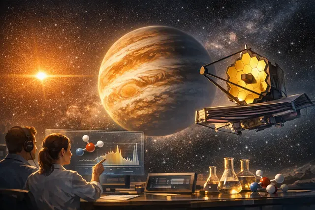 Artistic concept of the hot Jupiter exoplanet WASP-39b with its atmosphere, representing the James Webb Space Telescope's detection of HDO semi-heavy water molecules.