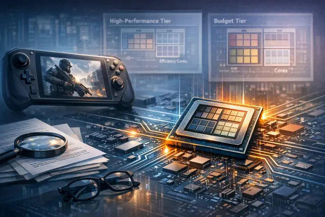 An abstract digital chip design representing Intel's Panther Lake processor, with a focus on the rumored '4+0+4+4' core layout and Xe3 graphics architecture for budget handheld gam