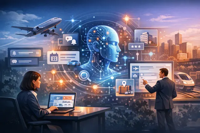 Abstract digital illustration of a corporate travel dashboard with AI-powered analytics, graphs, and a global map background.