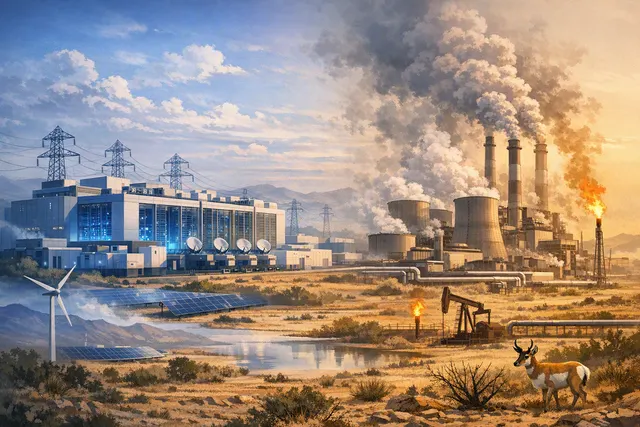 AI-generated editorial image showing an industrial gas power plant with cooling towers and smokestacks, representing the environmental impact of Amazon's planned AI data center in