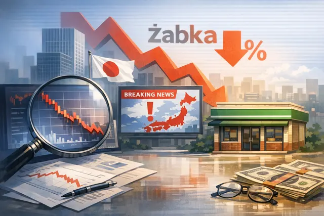 A red downward arrow overlapping a stock market chart, representing Żabka Group's stock price crash after the collapsed deal with Seven & i Holdings.