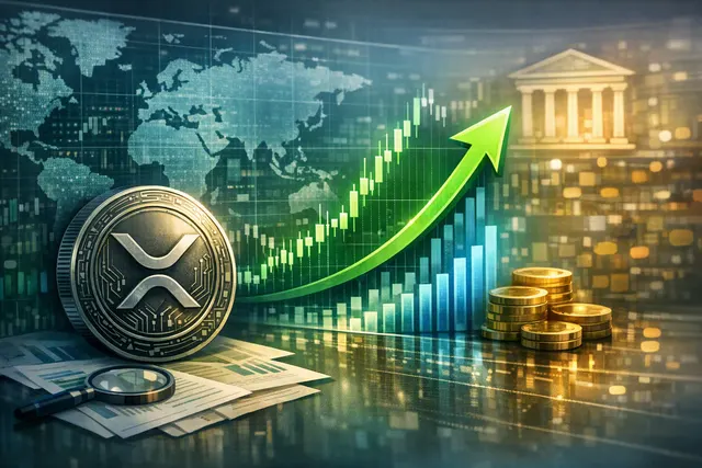 Editorial illustration of XRP rising amid White House crypto policy headlines and institutional lending activity