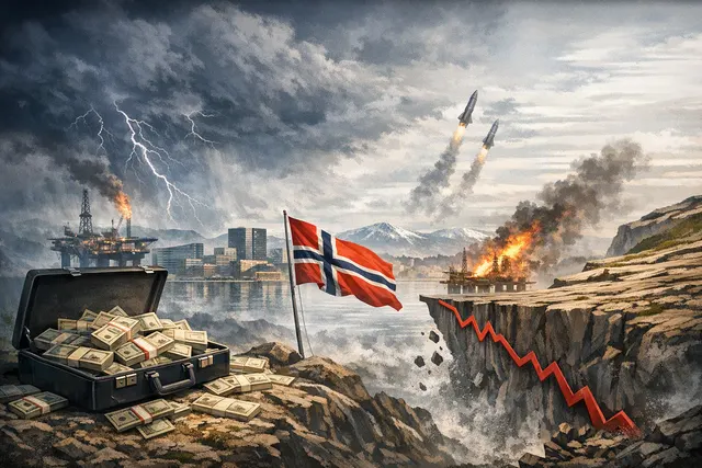 A conceptual illustration showing a massive pile of gold coins and banknotes cracking and fracturing, representing the potential total loss of Norway's $2 trillion sovereign wealth