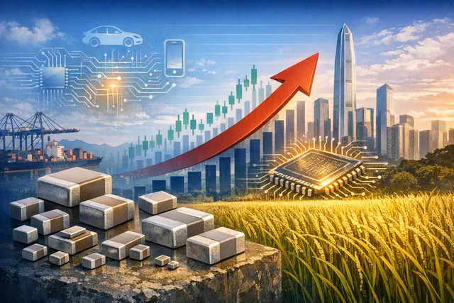 Abstract illustration of multilayer ceramic capacitors (MLCCs) arranged on a circuit board, symbolizing the electronic components powering the AI stock rally.