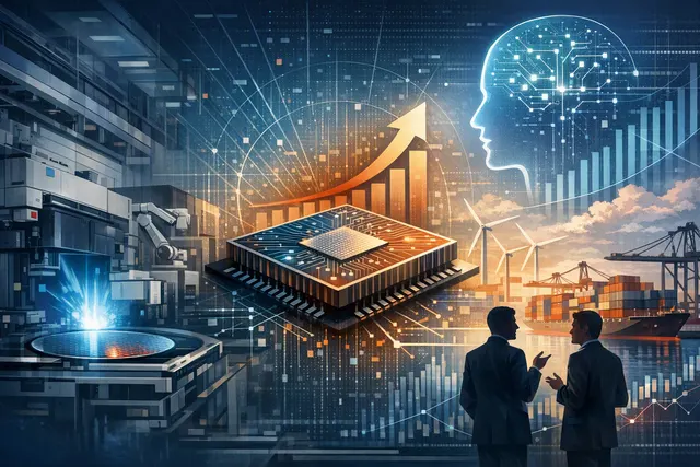 AI-generated editorial illustration of ASML semiconductor lithography machine concept with glowing EUV light and chip wafer patterns