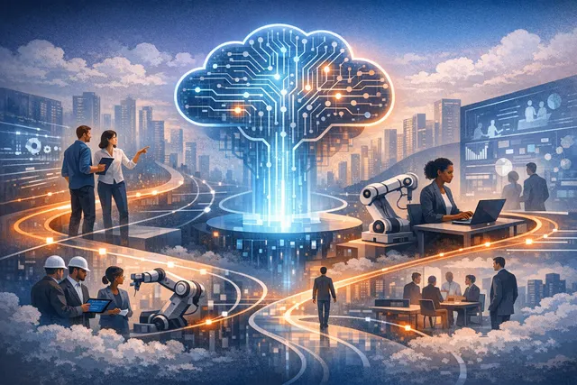 Illustration showing the Mendo AI adoption platform bridging enterprise AI tools and employees to drive measurable business outcomes