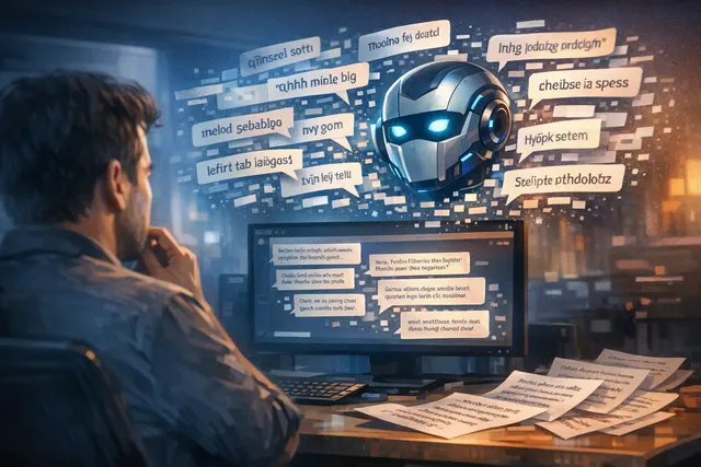 Illustration of an AI chatbot producing fragmented, nonsensical text