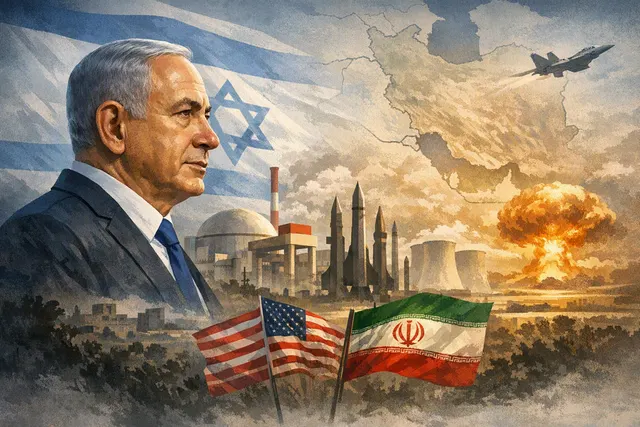 Benjamin Netanyahu speaking at a press conference, with a stylized graphic of Iran's nuclear symbol and a map of the Middle East in the background