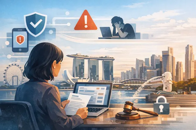 Editorial illustration of Singapore’s Online Safety Commission responding to online harassment, doxxing and intimate-image abuse