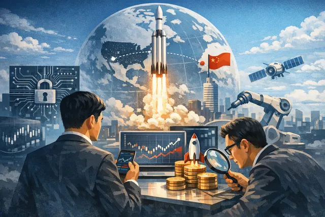 Abstract visualization of a rocket launch pad behind a financial data terminal, symbolizing Chinese investors searching for back-door routes to the SpaceX IPO.