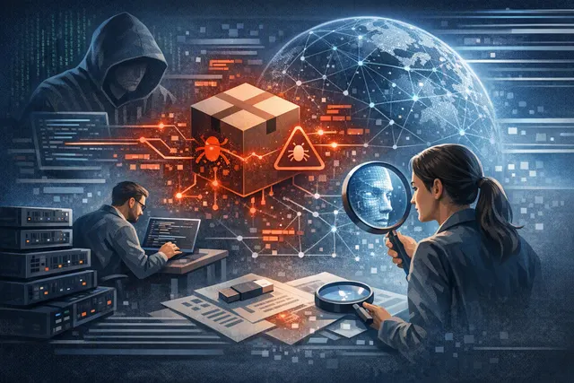 Illustration of a poisoned npm package and fake AI application representing software supply-chain attacks