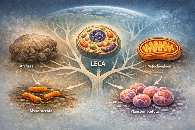 Artistic representation of a microbial community with bacteria and giant viruses converging to form the first complex eukaryotic cell, illustrating the community-driven origin of c