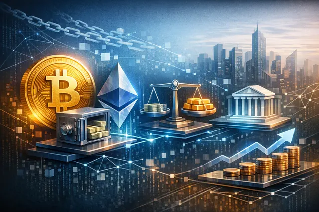 Illustration of Bitcoin and Ethereum being used as collateral in institutional lending through a bank blockchain platform