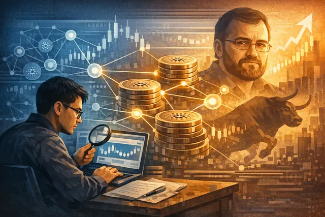 Digital illustration of the Cardano logo fragmenting against a backdrop of falling red candlestick charts and breaking network connections