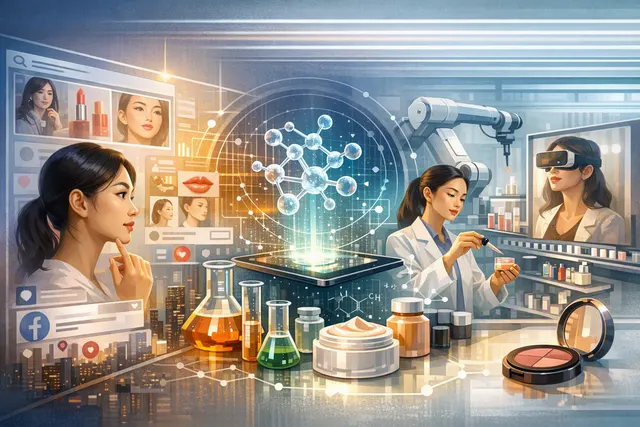 An artistic illustration depicting AI and data analysis symbols integrated with beauty and skincare elements, representing AI-driven beauty product development.
