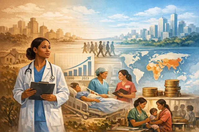 Editorial illustration of a diverse global health workforce, including doctors, nurses and community health workers