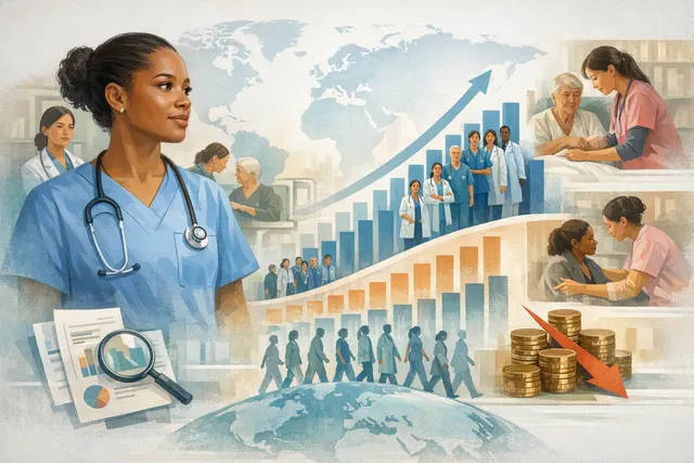 How has the global health workforce changed from 1990 to 2023—particularly through women’s contribution and their concentration in lower pai