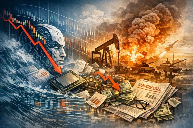 A dramatic image of a crashing stock market chart with semiconductor and AI-themed visual elements, symbolizing the July 2026 hedge fund rout