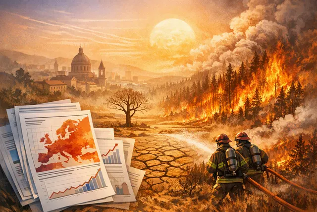 Aerial view of a large wildfire burning through a forested European landscape with orange flames and thick smoke, illustrating the record-breaking 2026 fire season.