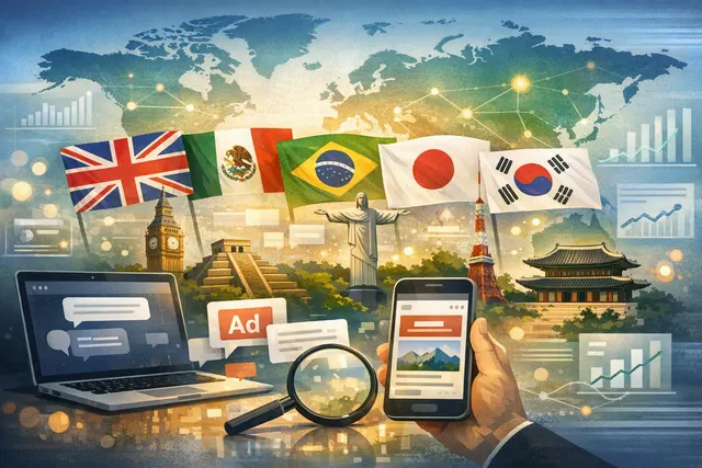 OpenAI ChatGPT global ad expansion concept showing sponsored messages in ChatGPT conversations across the UK, Brazil, Japan, South Korea, and Mexico