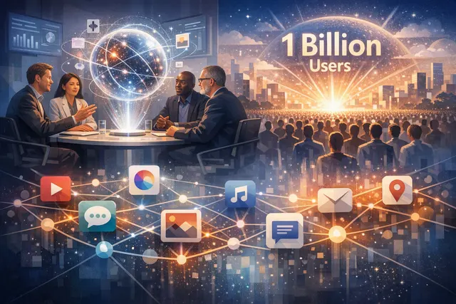 Abstract representation of Google's Gemini AI ecosystem including video generation, app integrations, and the 1 billion users milestone iconography