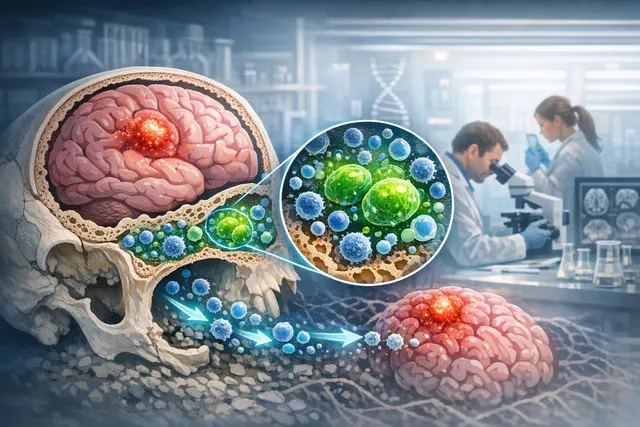 Illustration of immune hubs in skull bone marrow sending brain-directed immune signals toward the meninges