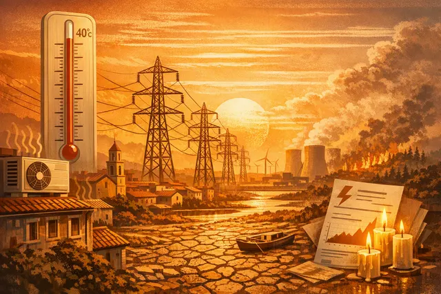 Illustration of solar panels and battery storage supporting Europe’s electricity grid during an extreme summer heatwave