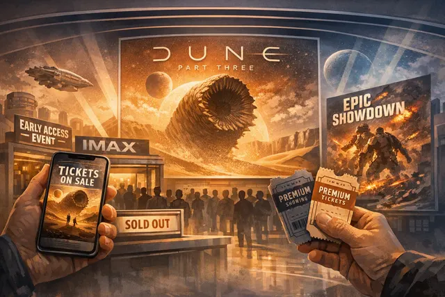 Illustrated editorial scene representing the premium-format theatrical release of Dune: Part Three
