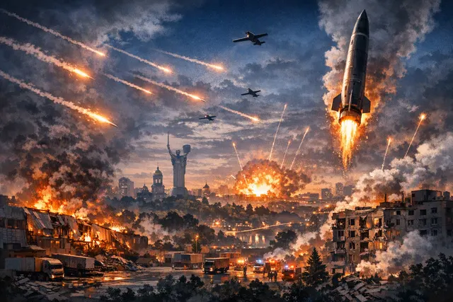 Smoky skyline over Kyiv after the Russian ballistic missile and drone barrage on August 5, 2026, with fires burning at logistics facilities.