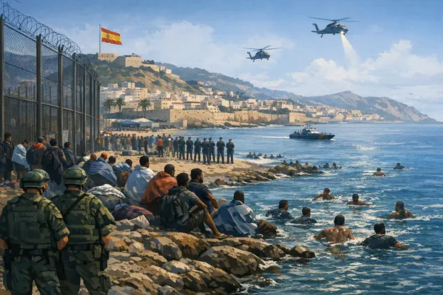 People gathered on a beach and rocky coastline, with boats and a city visible in the background, illustrating the mass crossing into Ceuta.