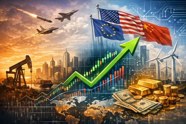 Abstract visualization of stock market volatility with charts, oil prices, and semiconductor graphics