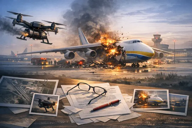 An editorial illustration showing a drone flying near a large cargo aircraft on a runway at night, representing the August 4, 2026 incident at Leipzig/Halle Airport.