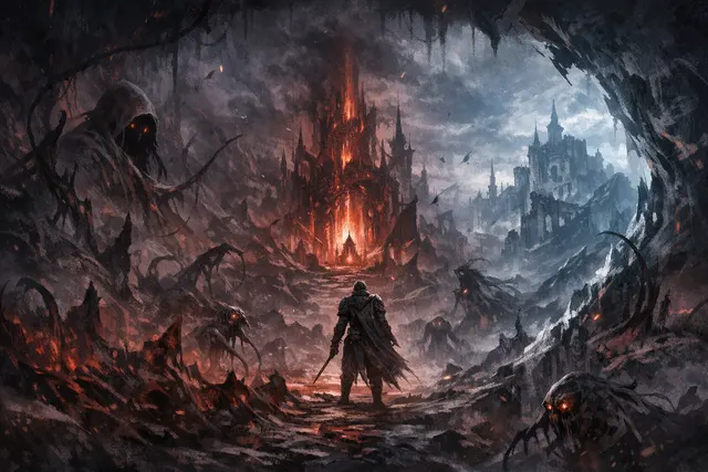 Dark fantasy concept art showing the predatory reimagined Umbral realm in Lords of the Fallen II