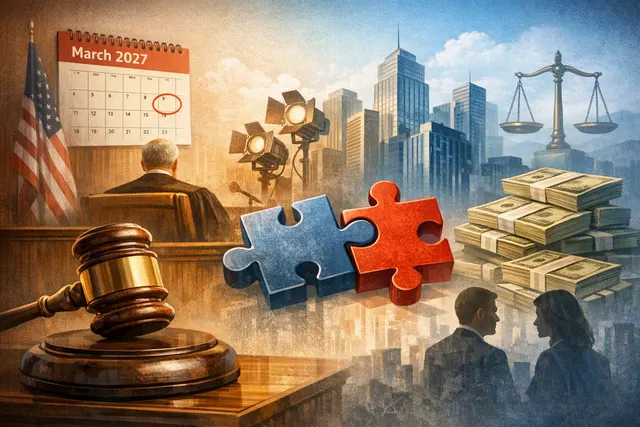 Illustration of a gavel and courtroom scales with a countdown clock and dollar signs to represent the Paramount Skydance-Warner Bros. Discovery antitrust trial set for March 2027.