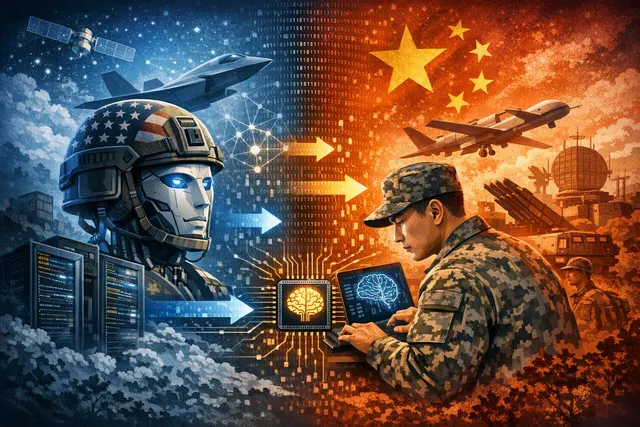 Digital illustration of a Chinese military drone with AI circuit patterns overlaying a map, representing model distillation from US AI systems for defense applications