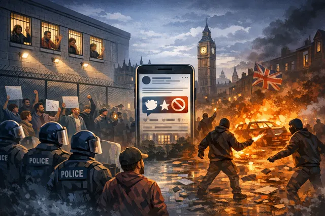 Illustration of Elon Musk against a backdrop of urban protest unrest and SpaceX launch imagery, symbolizing the collision of political controversy with the upcoming IPO.