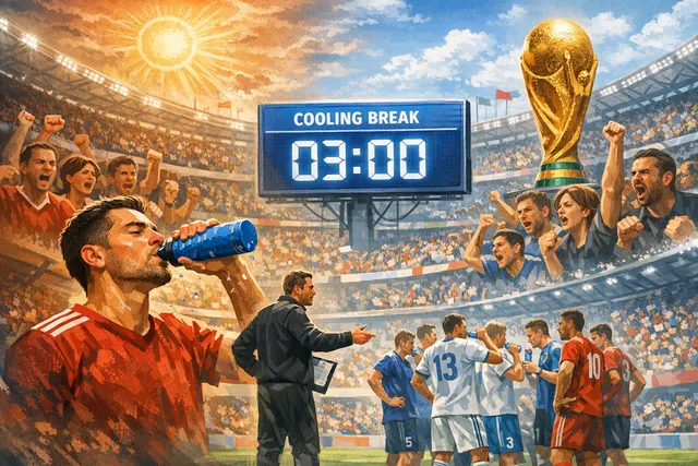 A split illustration showing a soccer player drinking water during a stoppage on one side with a stadium and mild evening sky, and television production equipment and dollar signs
